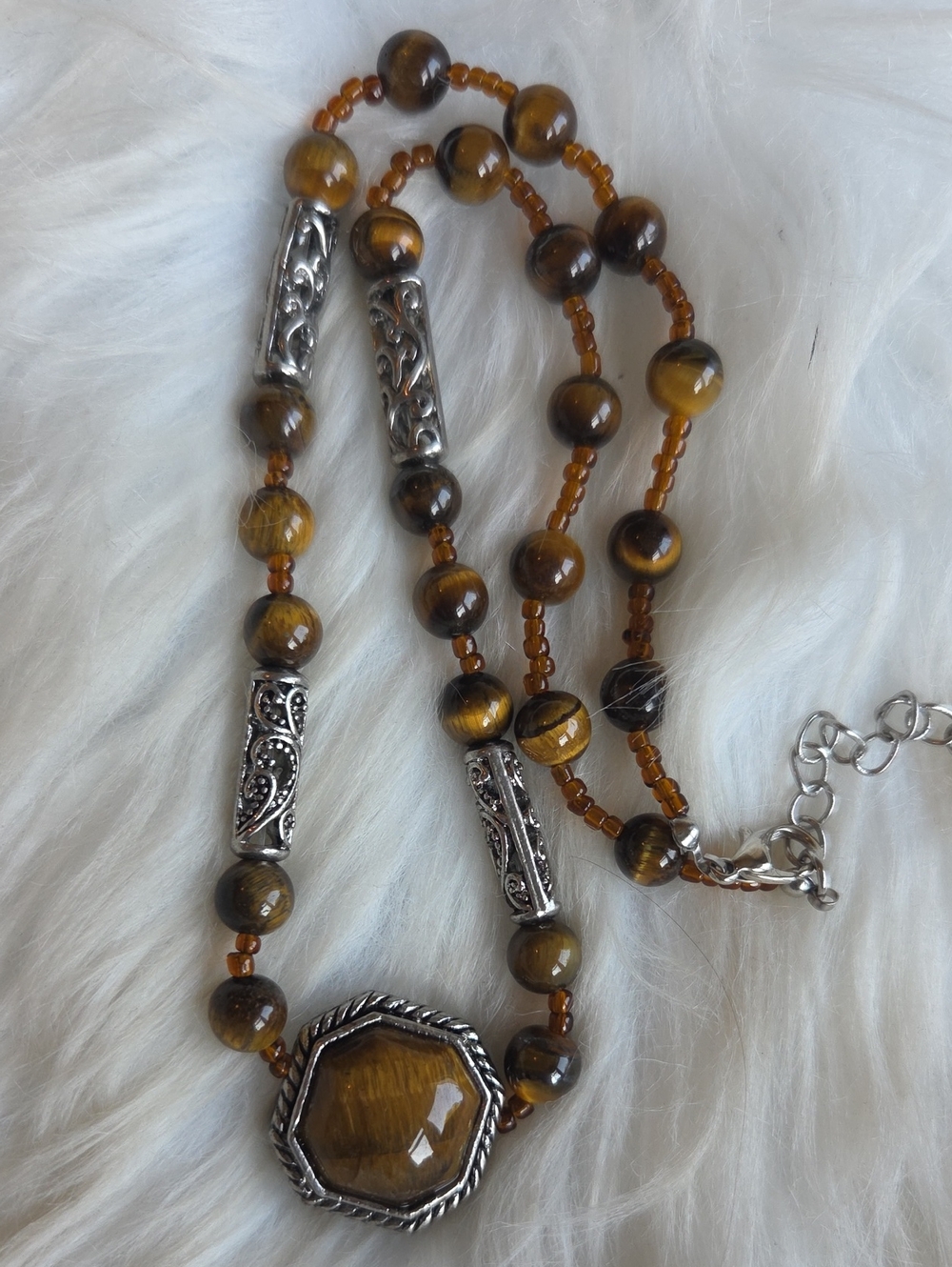 Tiger Eye Beaded Necklace with Silver Accents - Brown